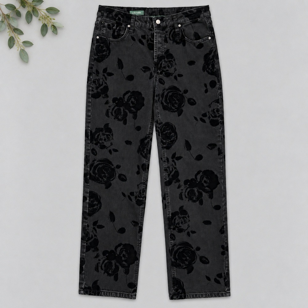 Wild Fable Jeans Black Flocked Floral Rose High Rise Straight Button Fly Sz 12